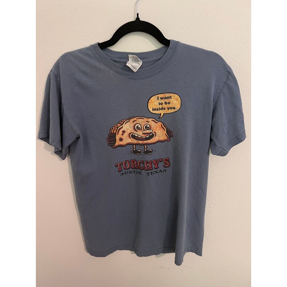 Torchy’s Tacos graphic t-shirt Small blue rare Austin humor tee